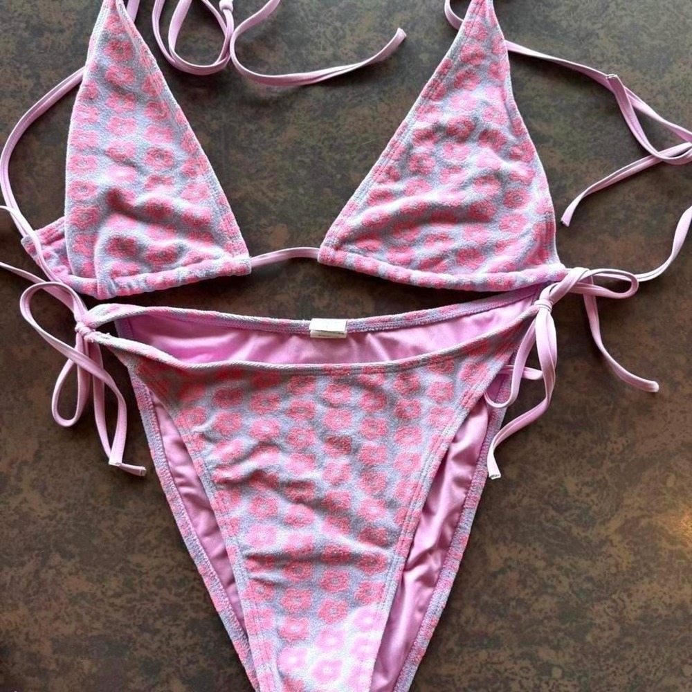 Pink Floral Terry Cloth Bikini Set Triangle‎ Top Side Tie Bottoms Purple Large